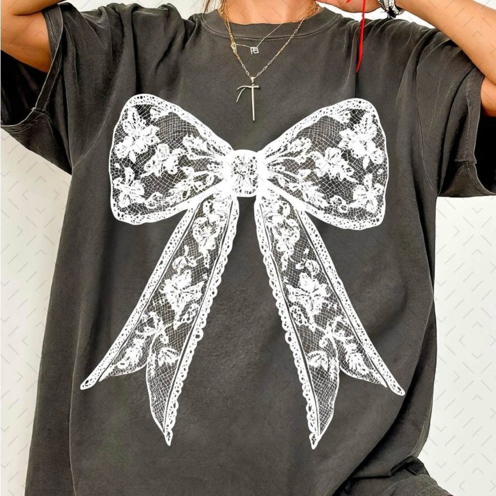 Chic Black Tee with White Lace Bow Design